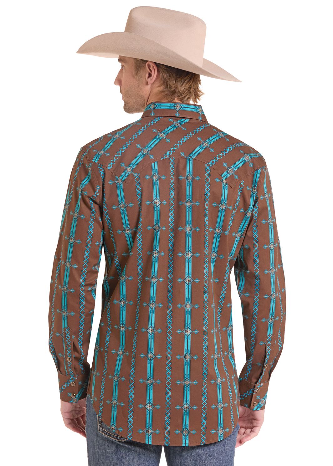 The back of a man in Brown Aztec Striped Long Sleeve Snap Shirt