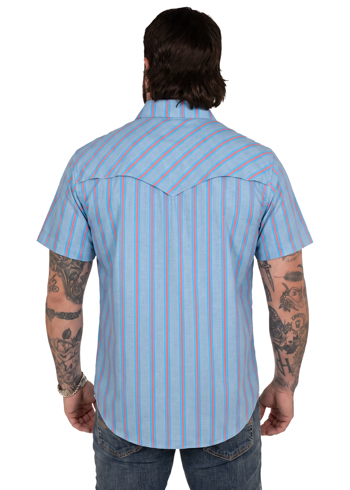 Back view of Koe Wetzel wearing a blue stripe tek western shit.