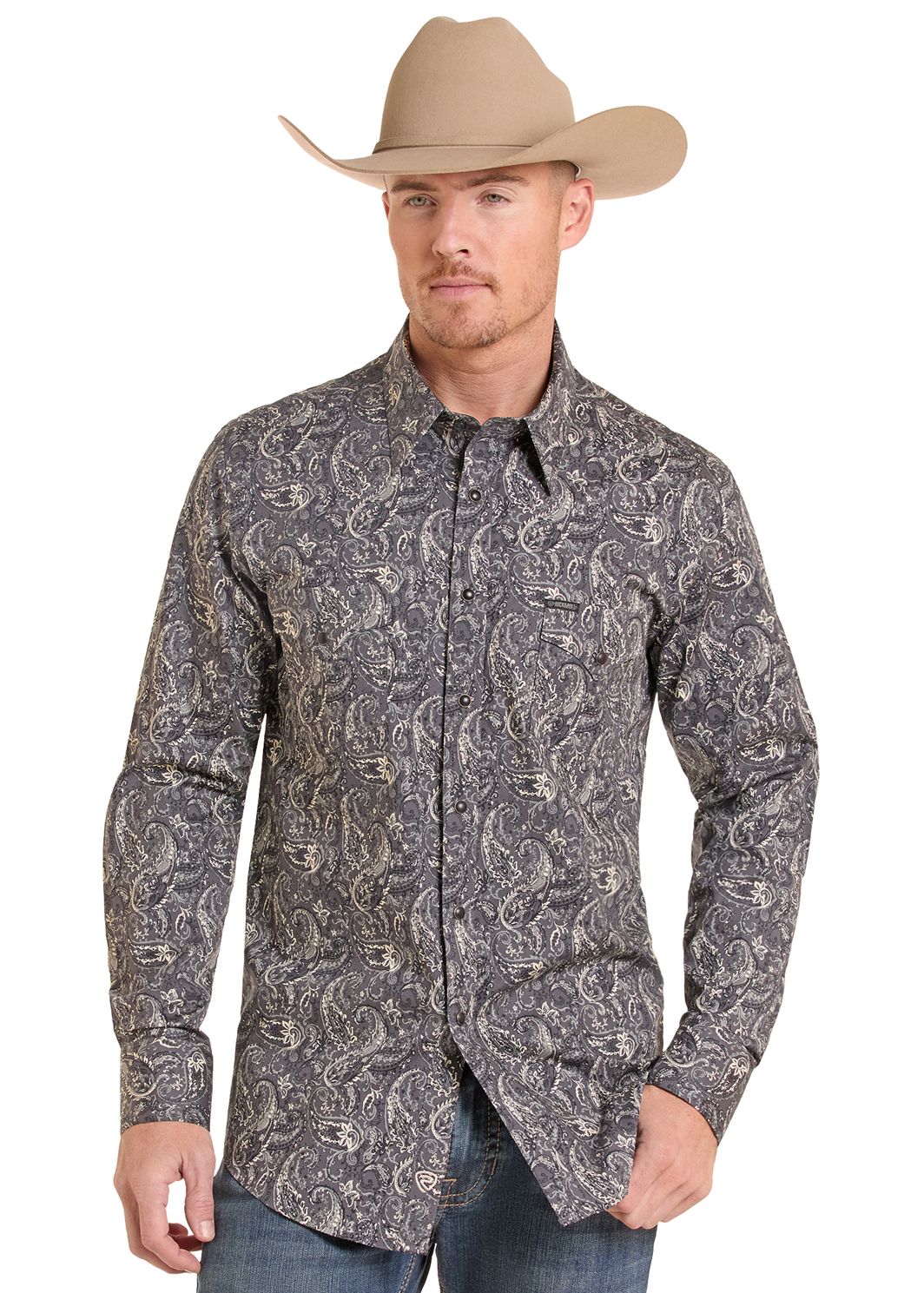 man in a Black Paisley Long Sleeve Snap Shirt