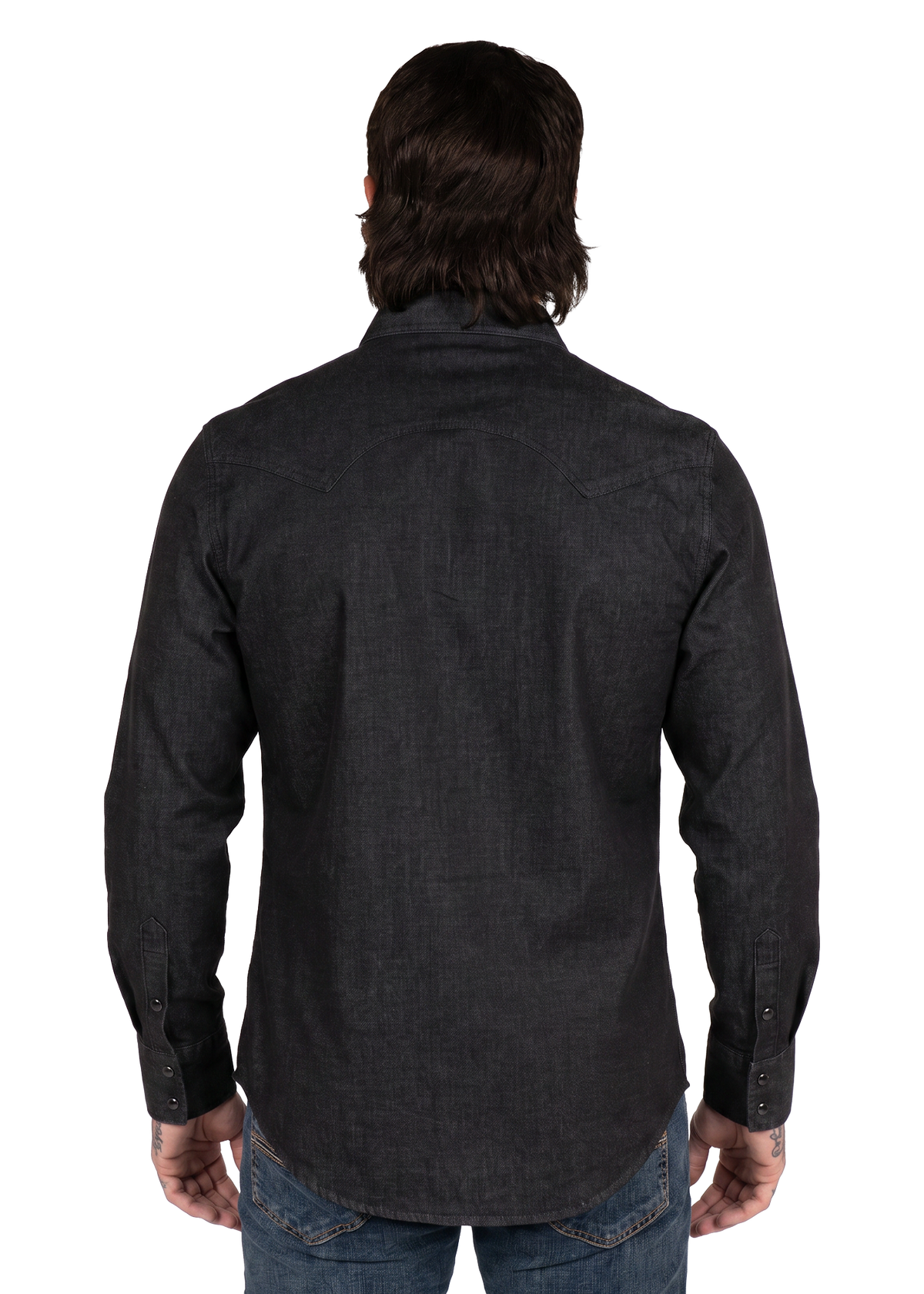 Koe Wetzel viewed from the back wearing a dark charcoal gray long-sleeve western-style shirt and blue jeans against a plain white background.