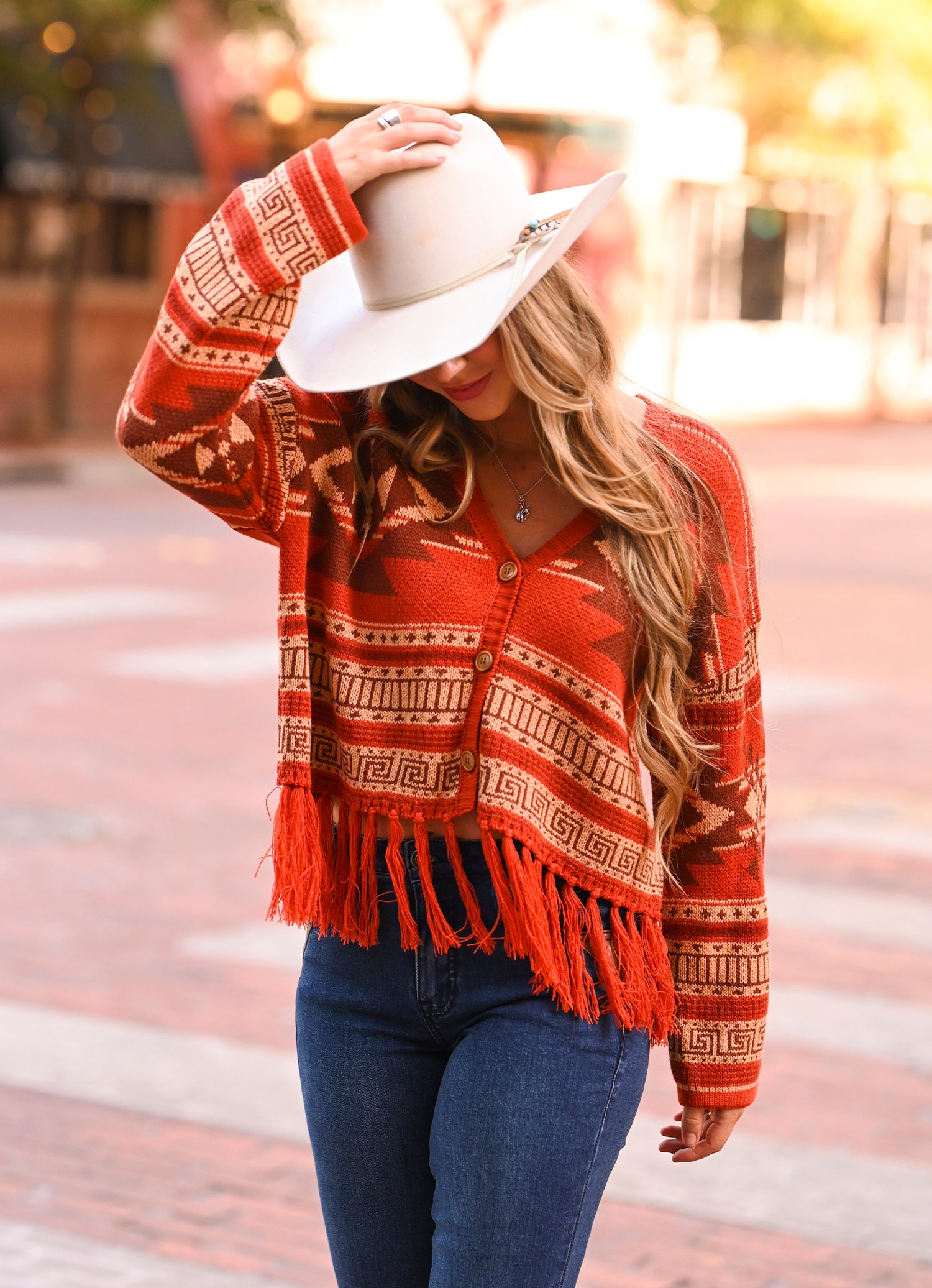 Women's Aztec Fringe Steer Skull Cardigan Sweater Rock Roll Denim