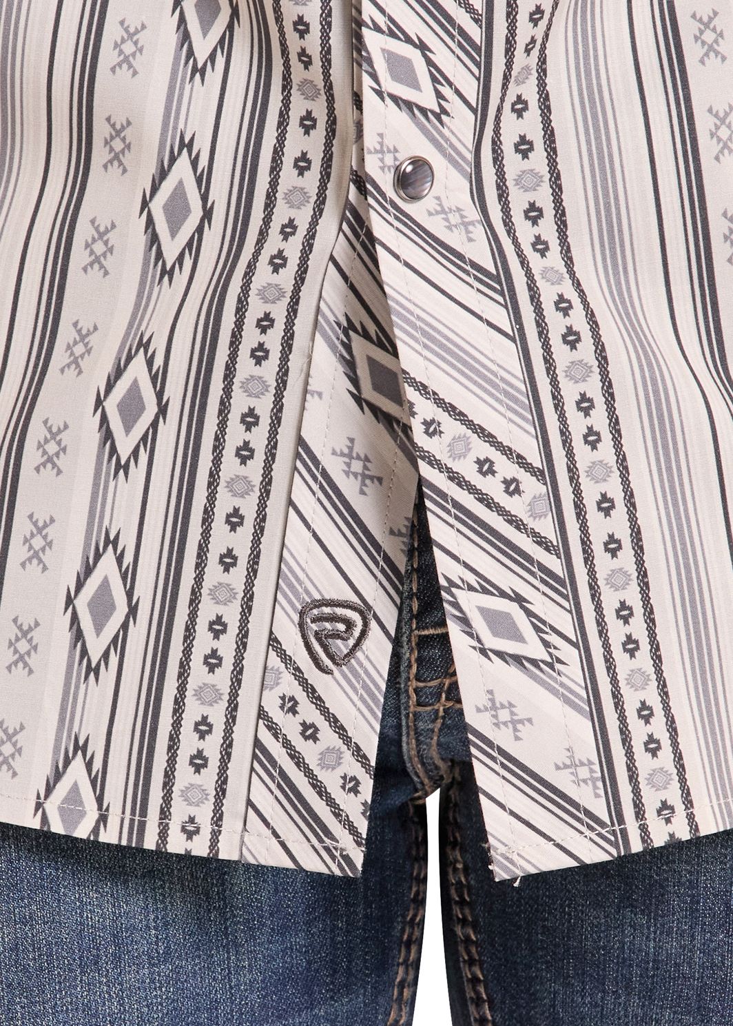 Close up of a Natural Aztec Striped Snap Shirt