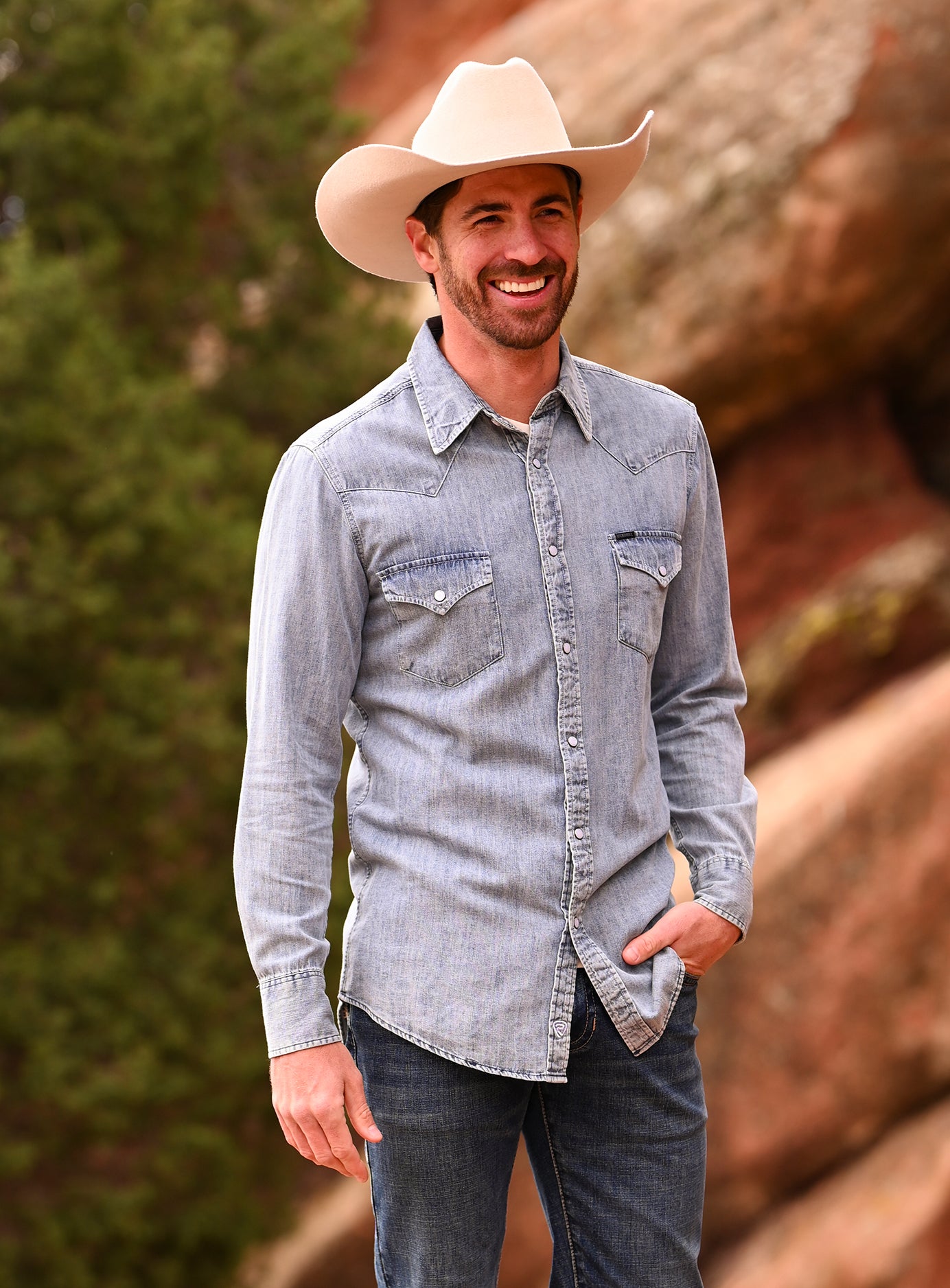 Men's Slim Fit Medium Wash Denim Snap Shirt | Rock & Roll Denim