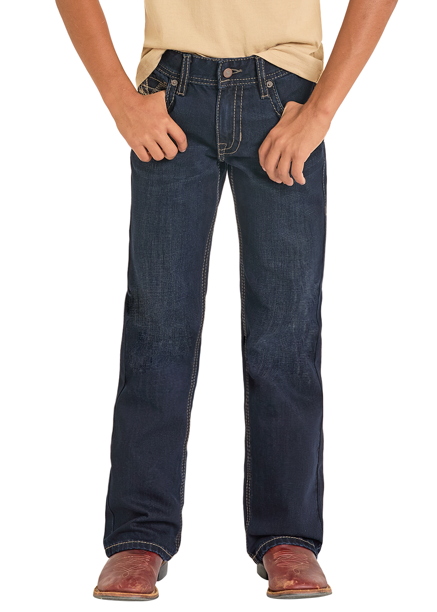 Child wearing a beige t-shirt with a graphic design and blue jeans on a white background