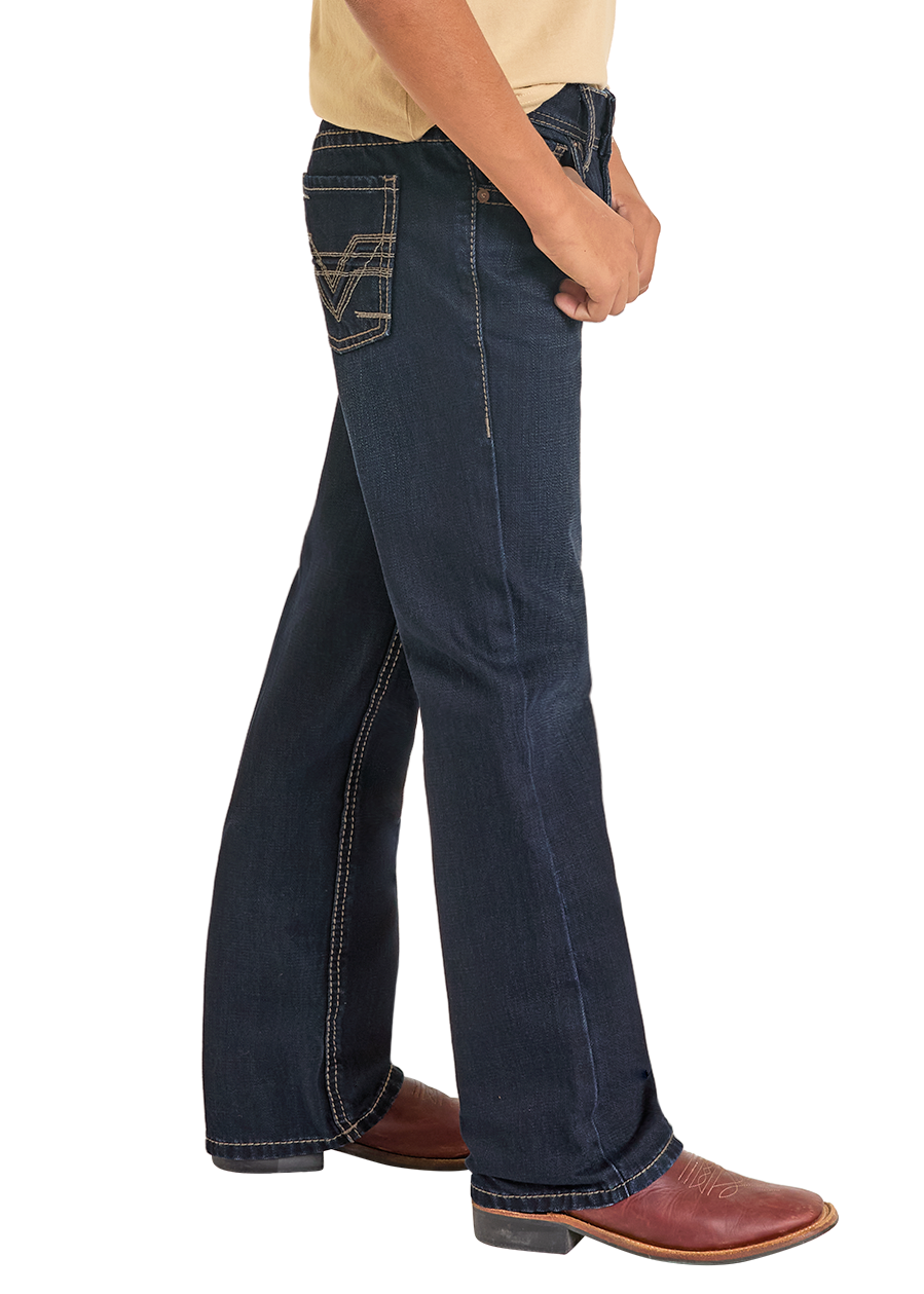 Child wearing a black cowboy hat, beige t-shirt, and blue jeans on a white background