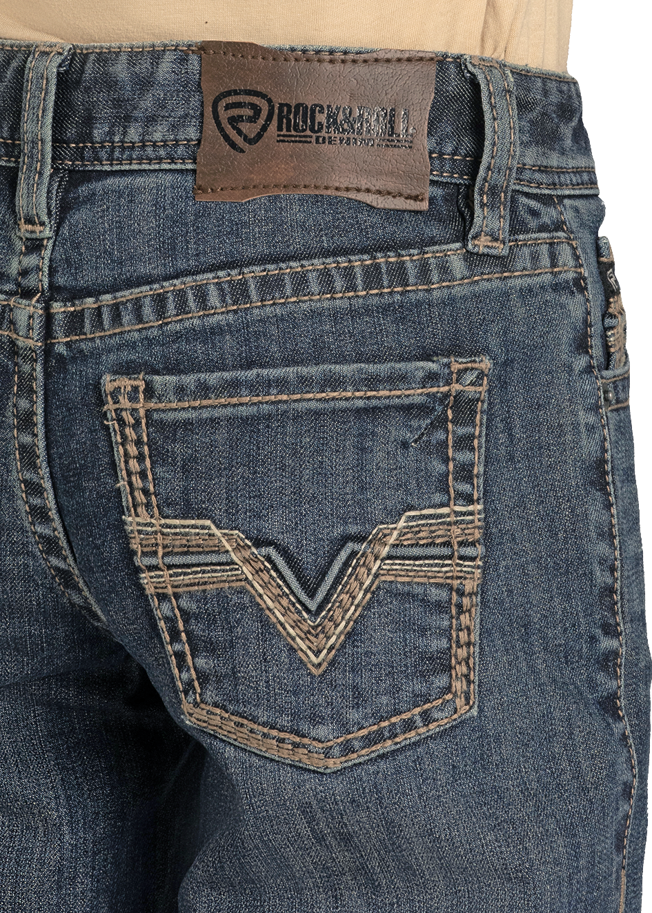 Close-up of the back of Boys' Regular Fit Feather Stitch V Bootcut Jeans by Rock & Roll Denim, in blue denim with beige stitching, V-shaped pocket design, and a brown leather brand label on the waistband.