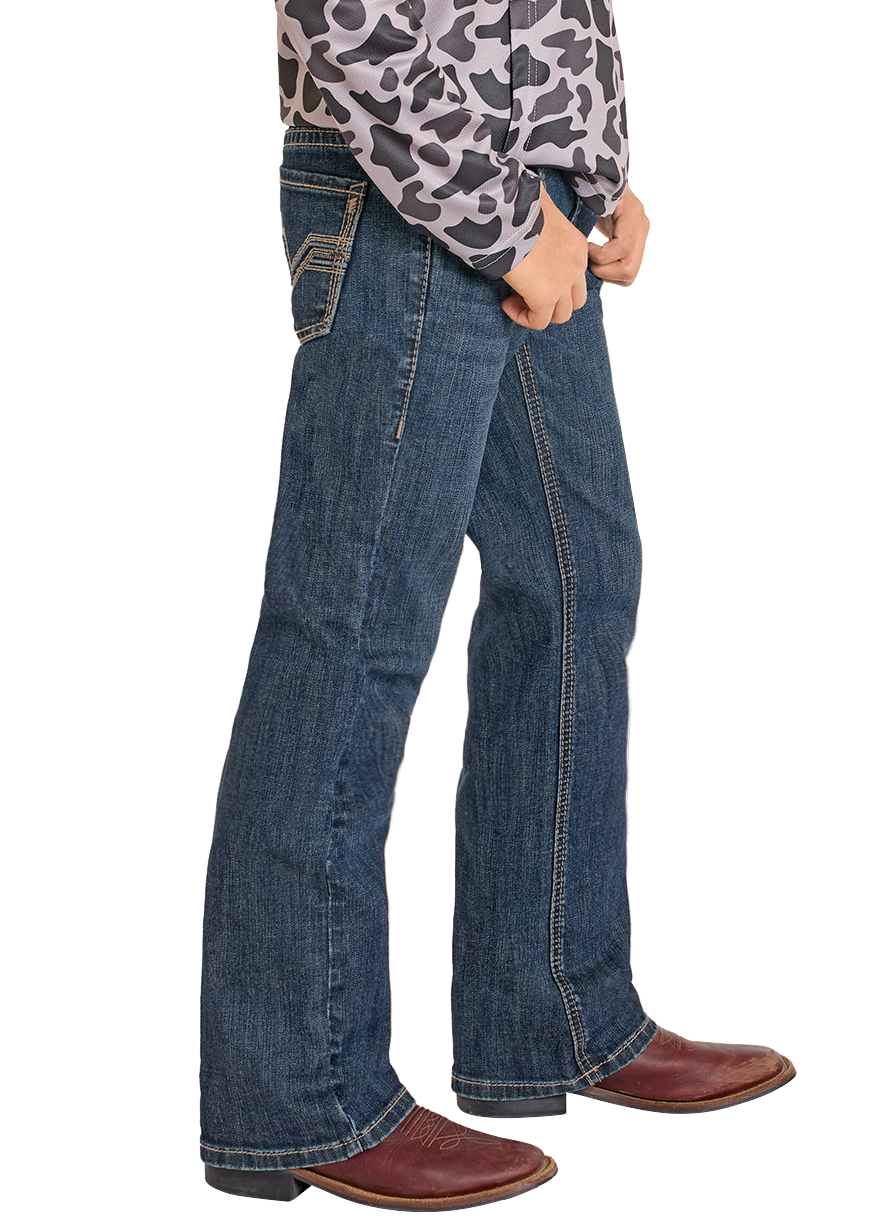 Child wearing a leopard print shirt, blue jeans, and a black cowboy hat on a white background