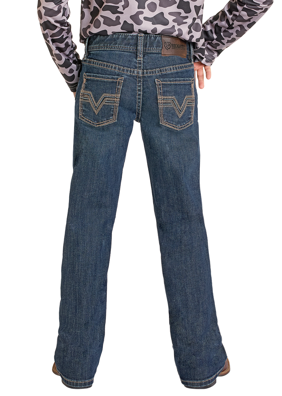 Child wearing a leopard print shirt and blue jeans with a cowboy hat on a white background