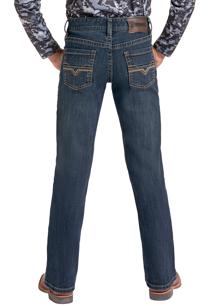 A child model shown from the back wearing a western-style outfit consisting of a black cowboy hat, a black and gray patterned long-sleeve shirt, a white undershirt, dark blue jeans, and brown boots, against a plain white background.