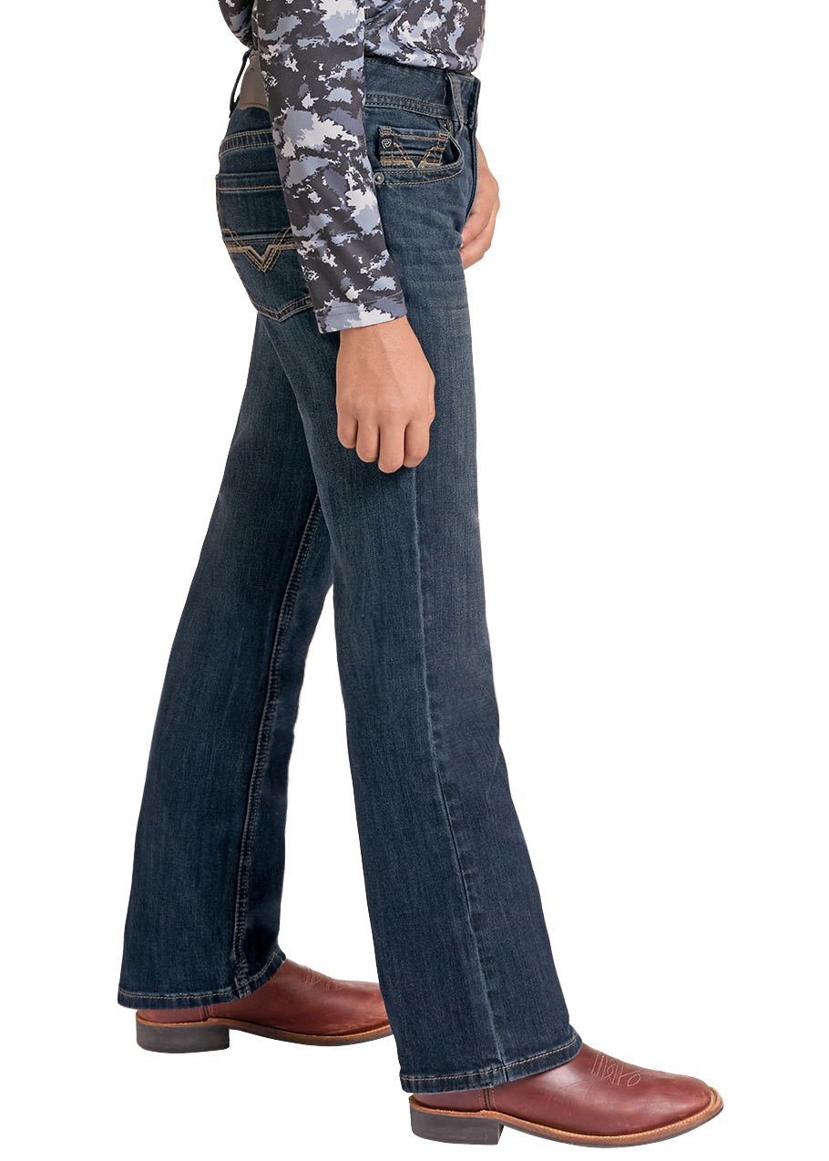 A child model shown in profile wearing a black cowboy hat, a long-sleeve camouflage-patterned shirt, dark blue jeans, and brown boots against a plain white background.