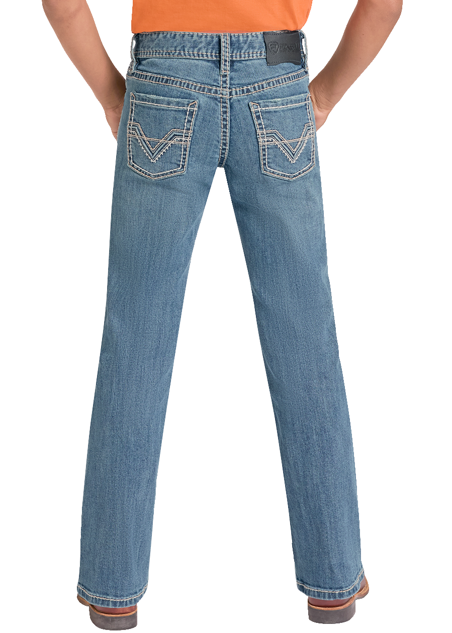 A child model shown from the back wearing a bright orange short-sleeve t-shirt with a graphic of a white pickup truck and the words 'Rodeo Time', paired with blue jeans and a black cowboy hat on a white background.