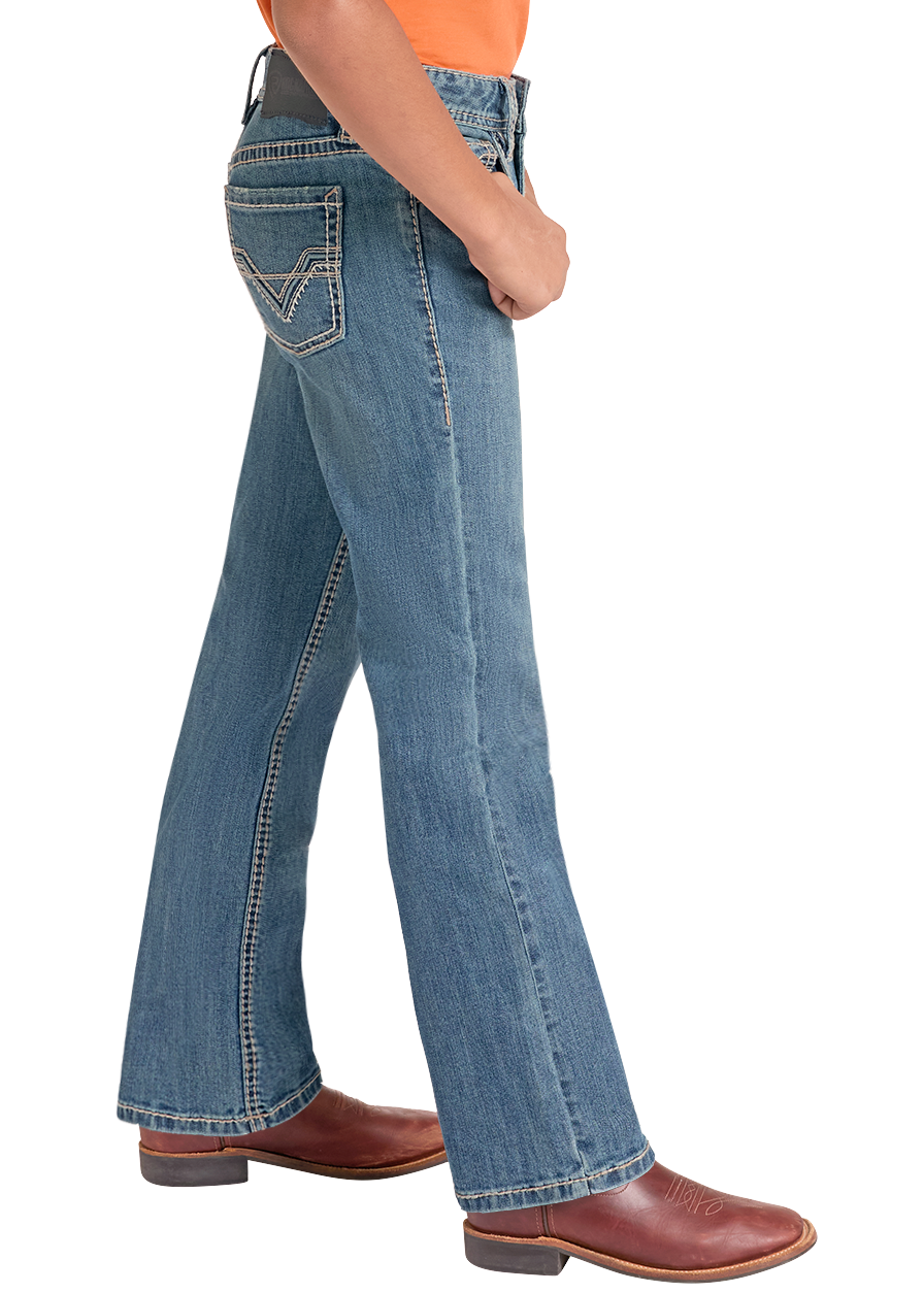 A child model shown in profile wearing a black cowboy hat, bright orange t-shirt, blue jeans, and brown boots against a plain white background.
