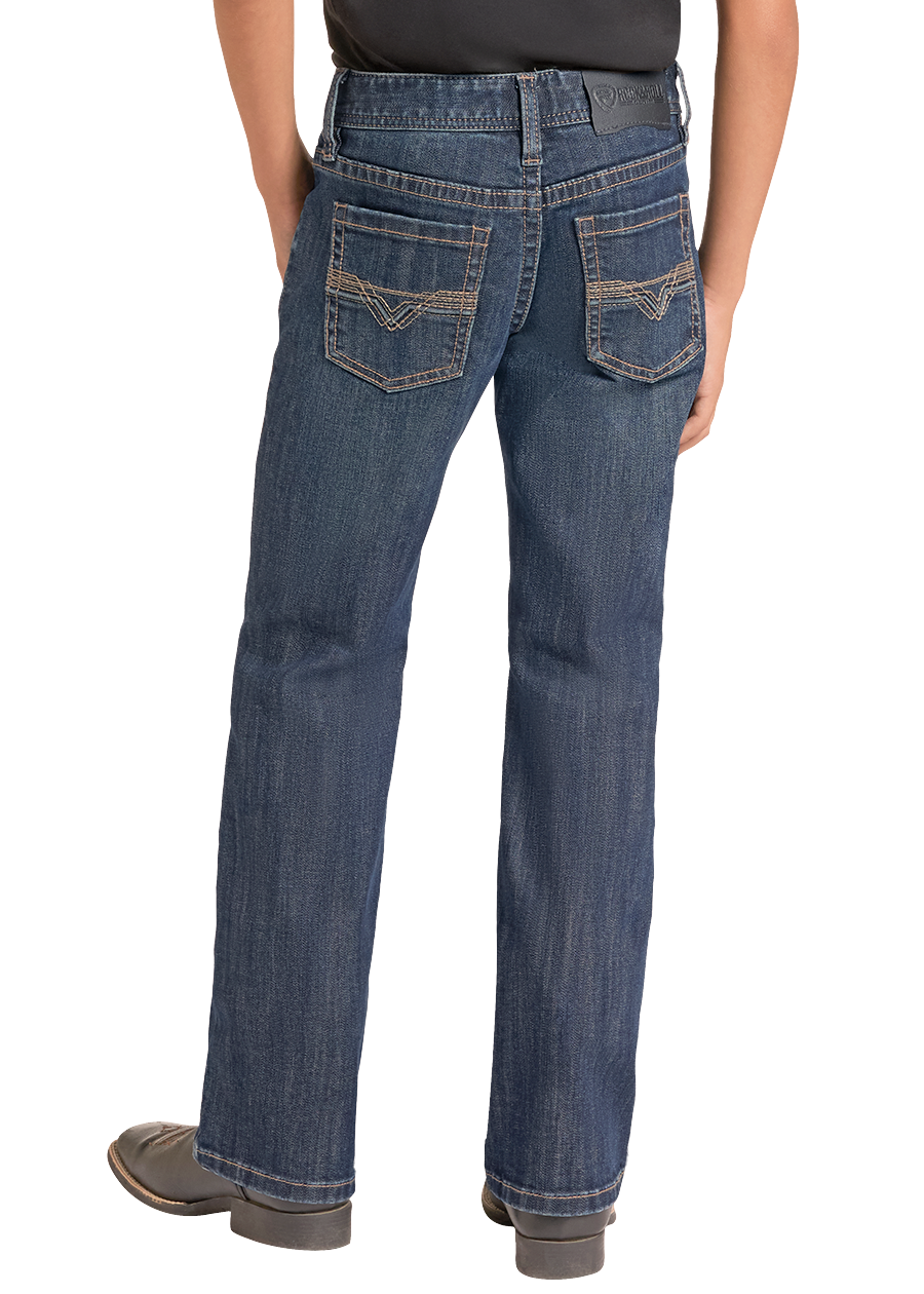 A child shown from the back wearing a black cowboy hat, black t-shirt, and blue jeans with decorative stitching on the back pockets, set against a plain white background.
