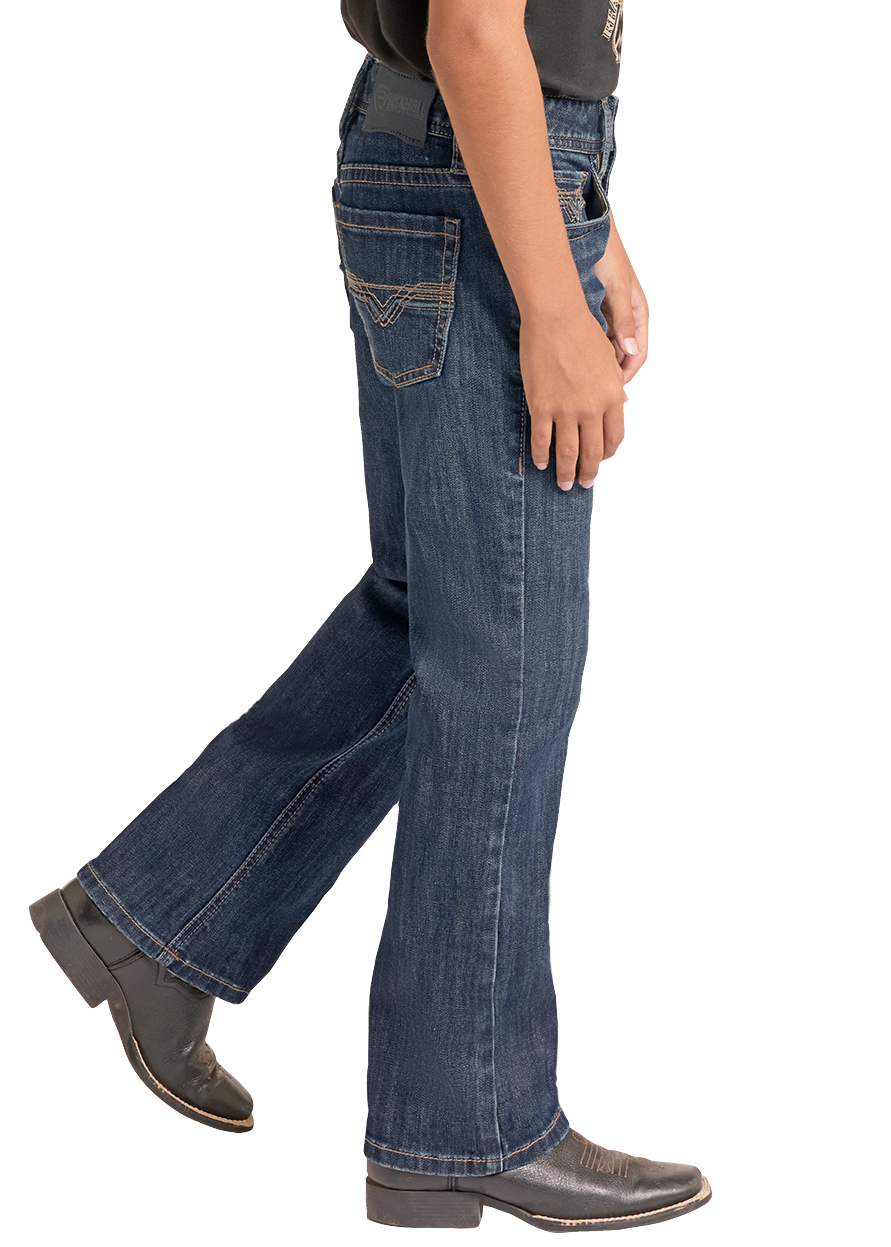 A child model shown in side profile wearing a black cowboy hat, black graphic t-shirt, blue jeans, and black boots against a plain white background.