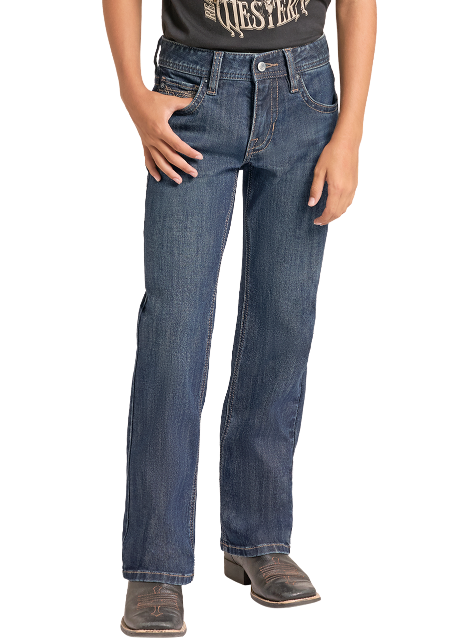 A young boy modeling a dark charcoal gray graphic t-shirt, blue jeans, and a black cowboy hat against a plain white background.