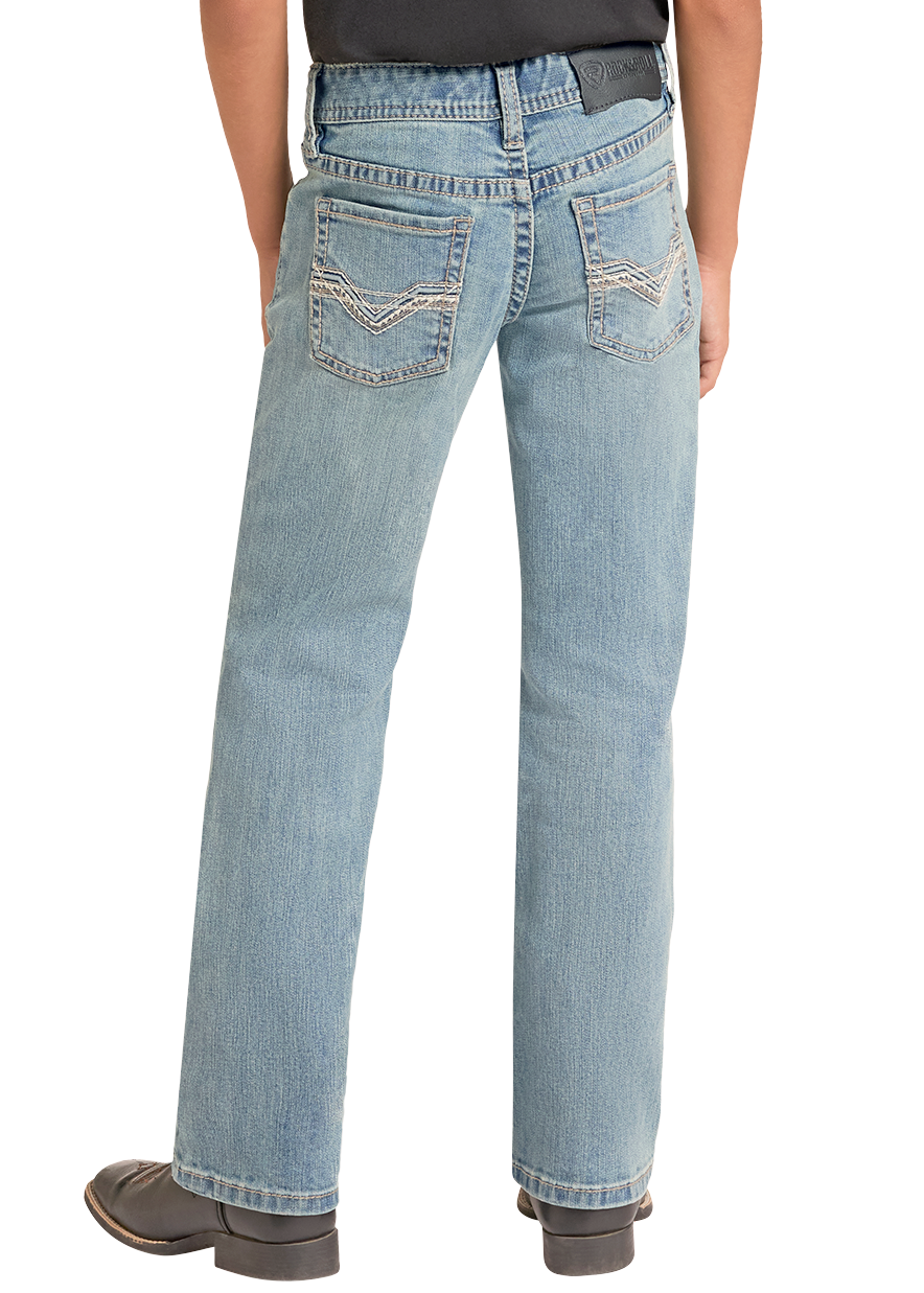 A child shown from the back wearing a black cowboy hat, black t-shirt, light-wash blue jeans, and dark shoes against a plain white background.
