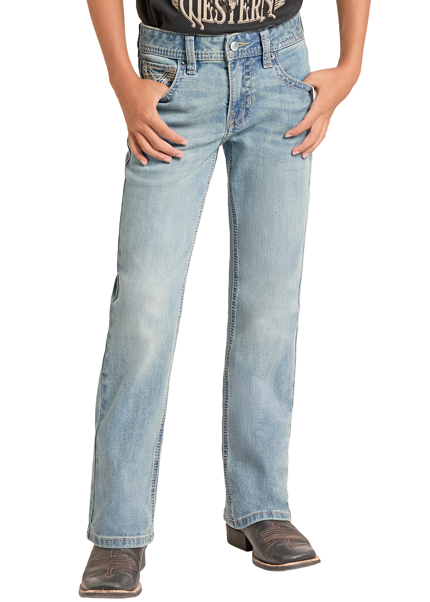 A young boy modeling a black graphic t-shirt with a western skull design, paired with light blue jeans, a black cowboy hat, and brown boots, set against a plain white background.