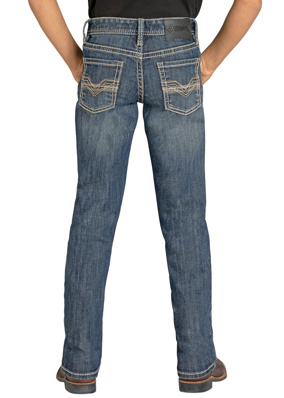 A child model shown from the back wearing a black cowboy hat, a black short-sleeve t-shirt, blue jeans with contrast stitching, and brown boots against a plain white background.