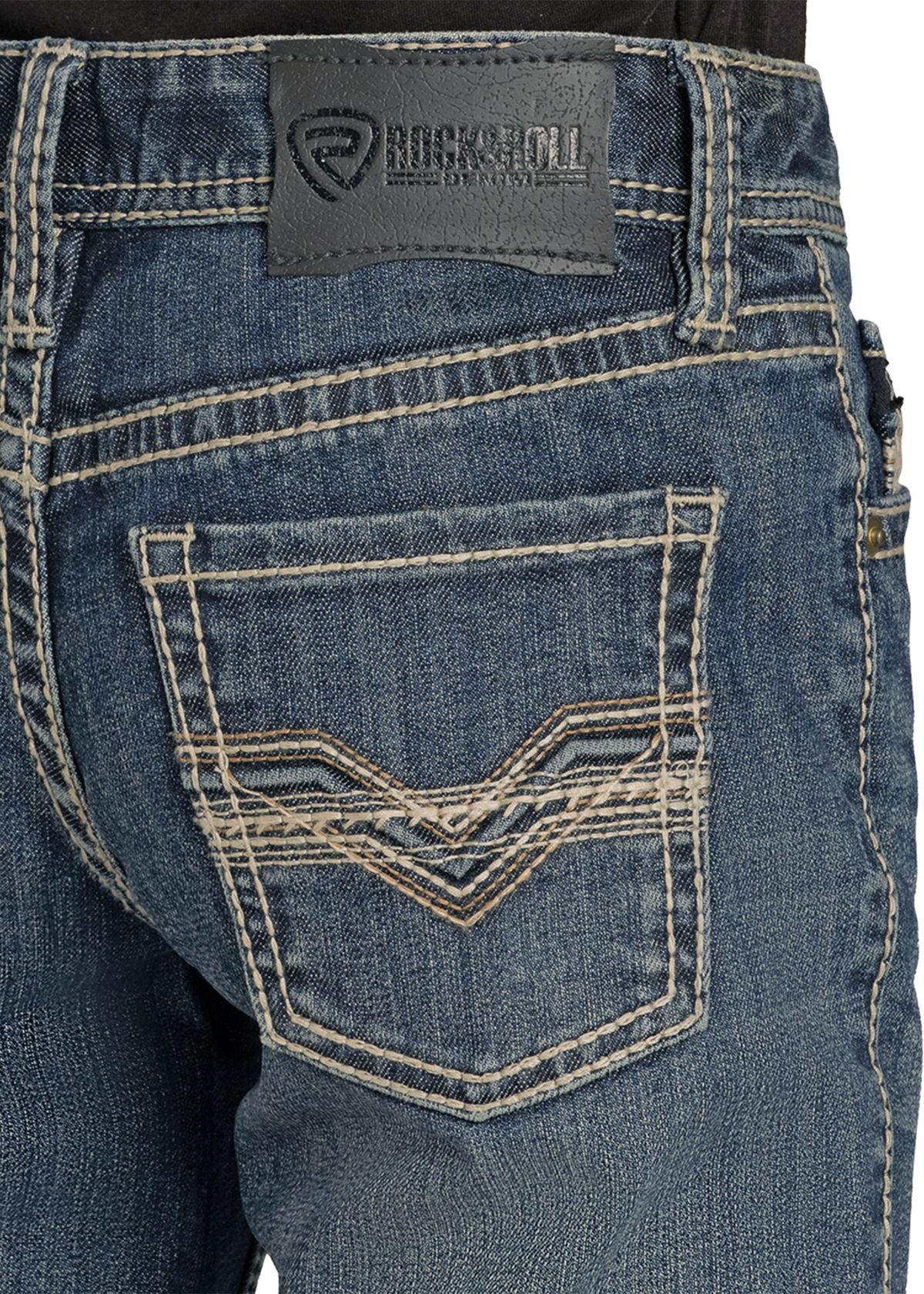 Close-up of the back pocket of blue denim jeans with contrast stitching and a dark gray Rockroll brand patch at the waistband.