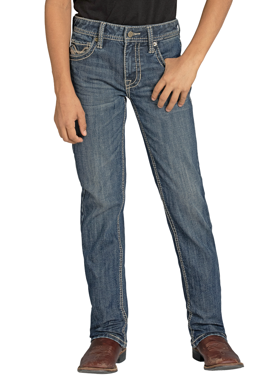 A child model wearing a black RockRoll brand t-shirt, blue jeans, brown boots, and a black cowboy hat, standing against a plain white background.
