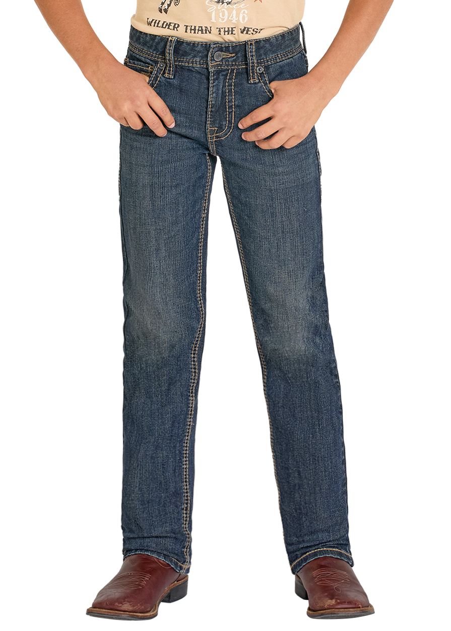 Child wearing a beige t-shirt with 'Rodeo' graphic and blue jeans on a white background