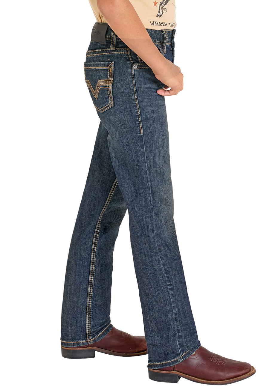 Child wearing a cowboy hat, graphic t-shirt, and jeans on a white background