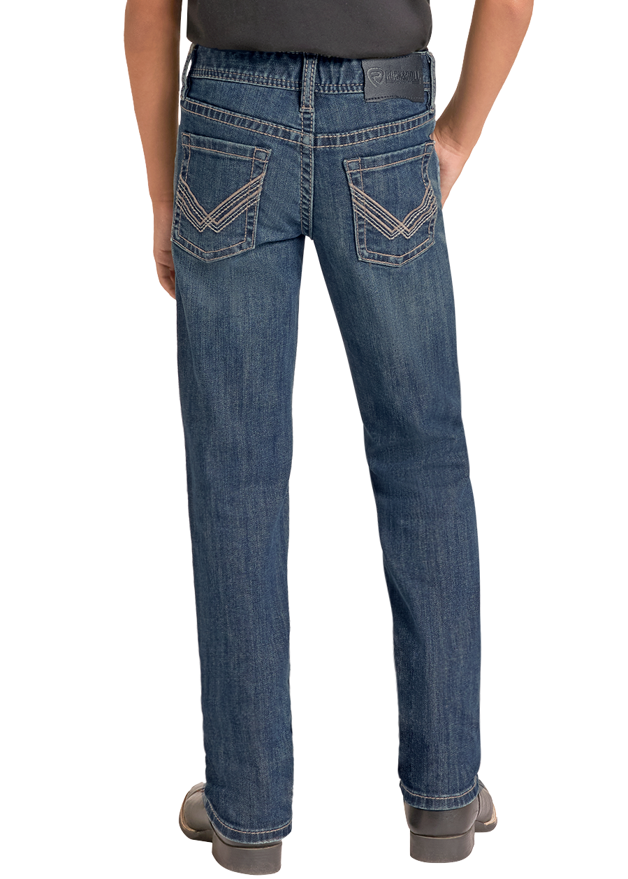 A child model shown from the back wearing a dark charcoal gray t-shirt, blue denim jeans with contrast stitching, a black cowboy hat, and brown boots, set against a plain white background.