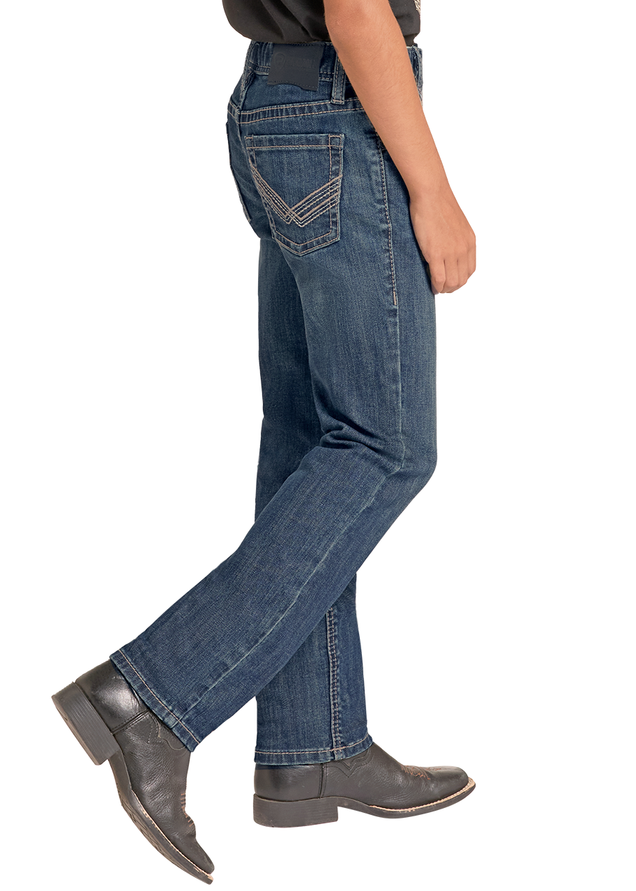 A child model shown in side profile wearing a black cowboy hat, black t-shirt, blue jeans, and black boots against a plain white background.