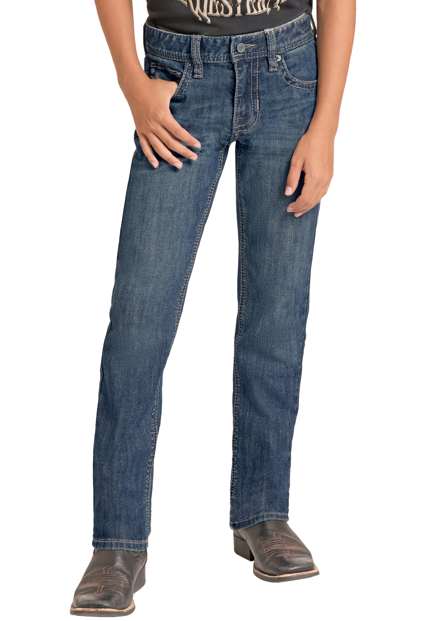 A young boy modeling a black graphic t-shirt with a western skull design, blue jeans, brown cowboy boots, and a black cowboy hat against a plain white background.