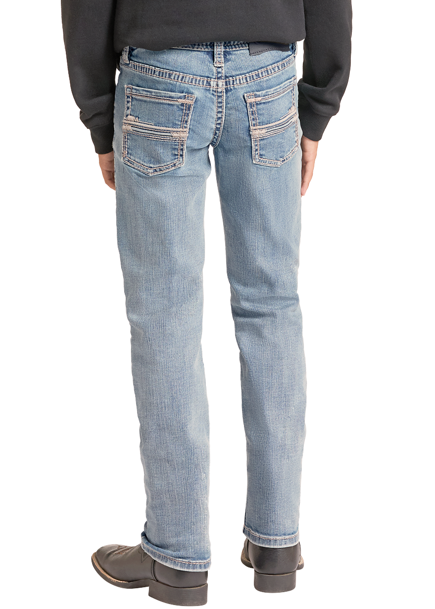 A child shown from the back wearing a black cropped hoodie, light blue jeans, brown boots, and a black cowboy hat against a plain white background.