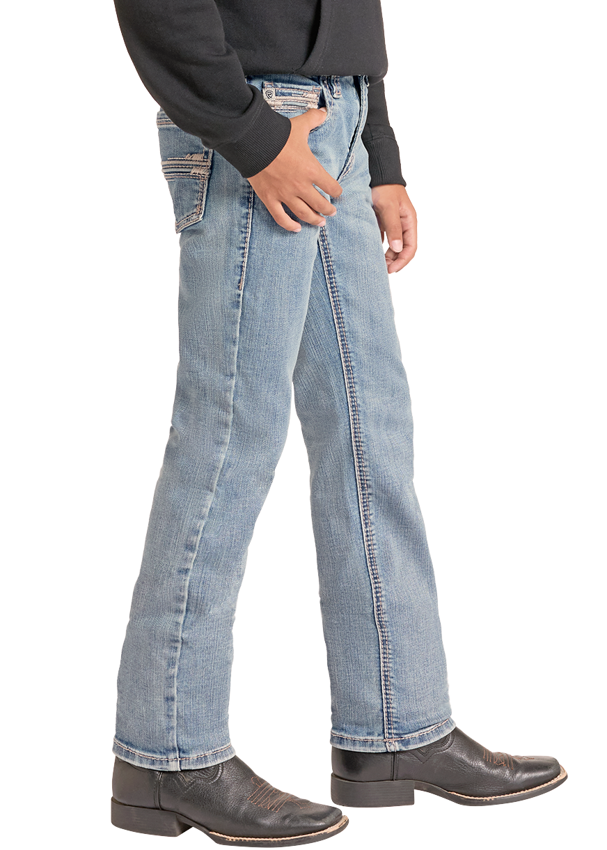 A child model wearing a black western-style hoodie with a graphic print, blue jeans, a black cowboy hat, and brown boots, shown against a plain white background.