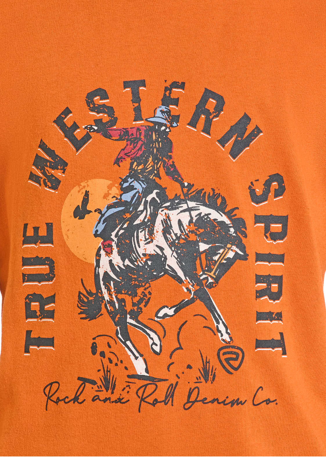 Orange t-shirt with a graphic of a cowboy riding a horse and 'True Western Spirit' text.