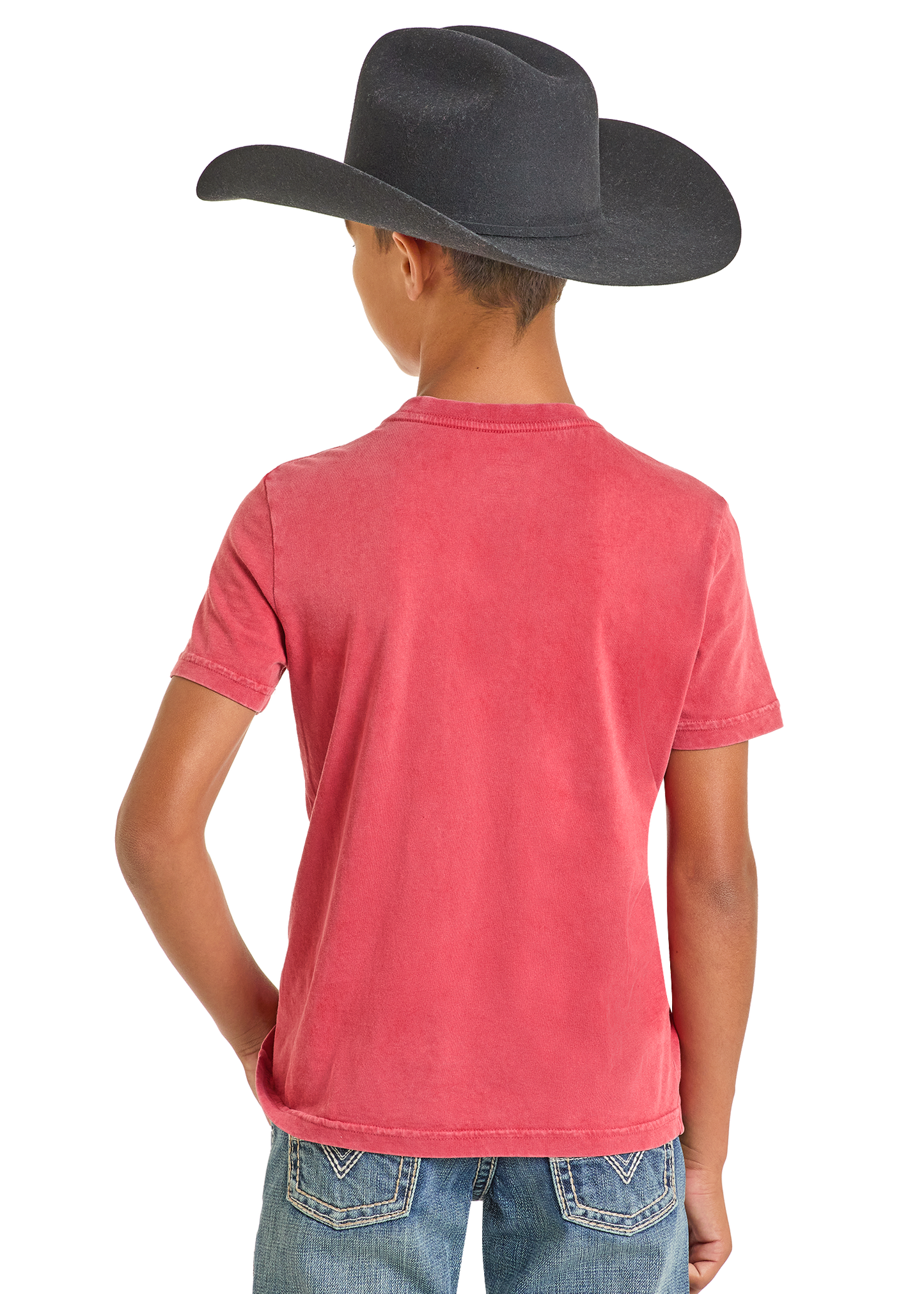 Child wearing a red t-shirt and blue jeans with a black cowboy hat on a white background