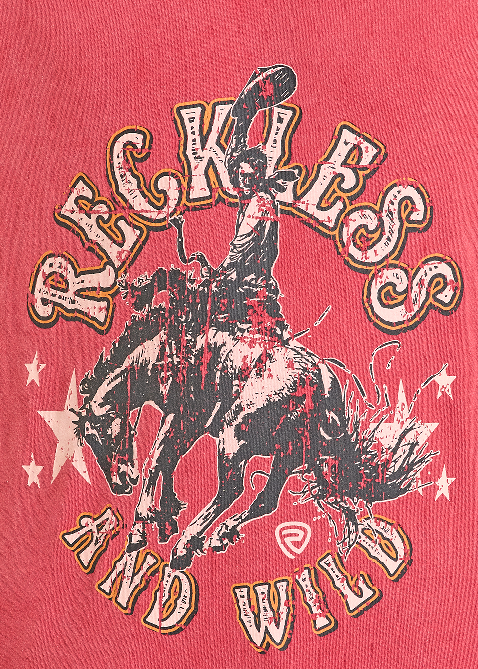 Red t-shirt with graphic design of a person riding a horse and text on a white background