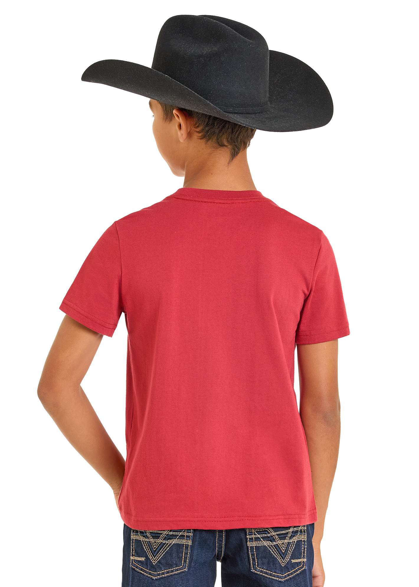 Child wearing a red t-shirt, blue jeans, and a black cowboy hat on a white background