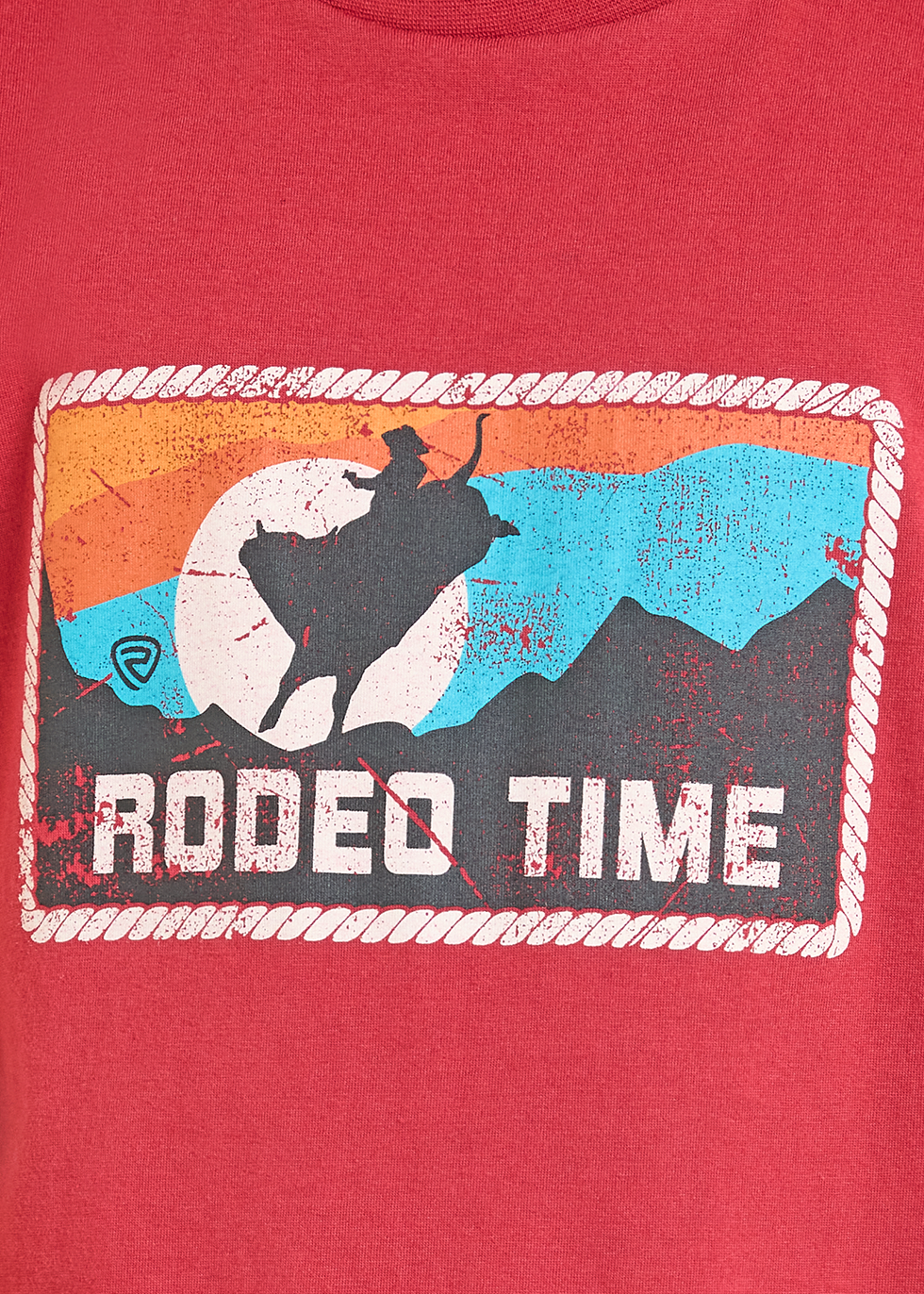 Red t-shirt with 'Rodeo Time' graphic design on a white background