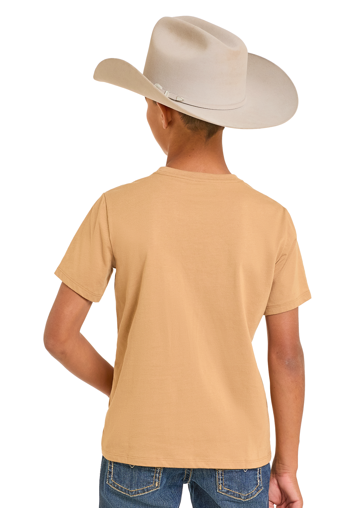 Child wearing a tan cowboy hat and beige t-shirt on a white background