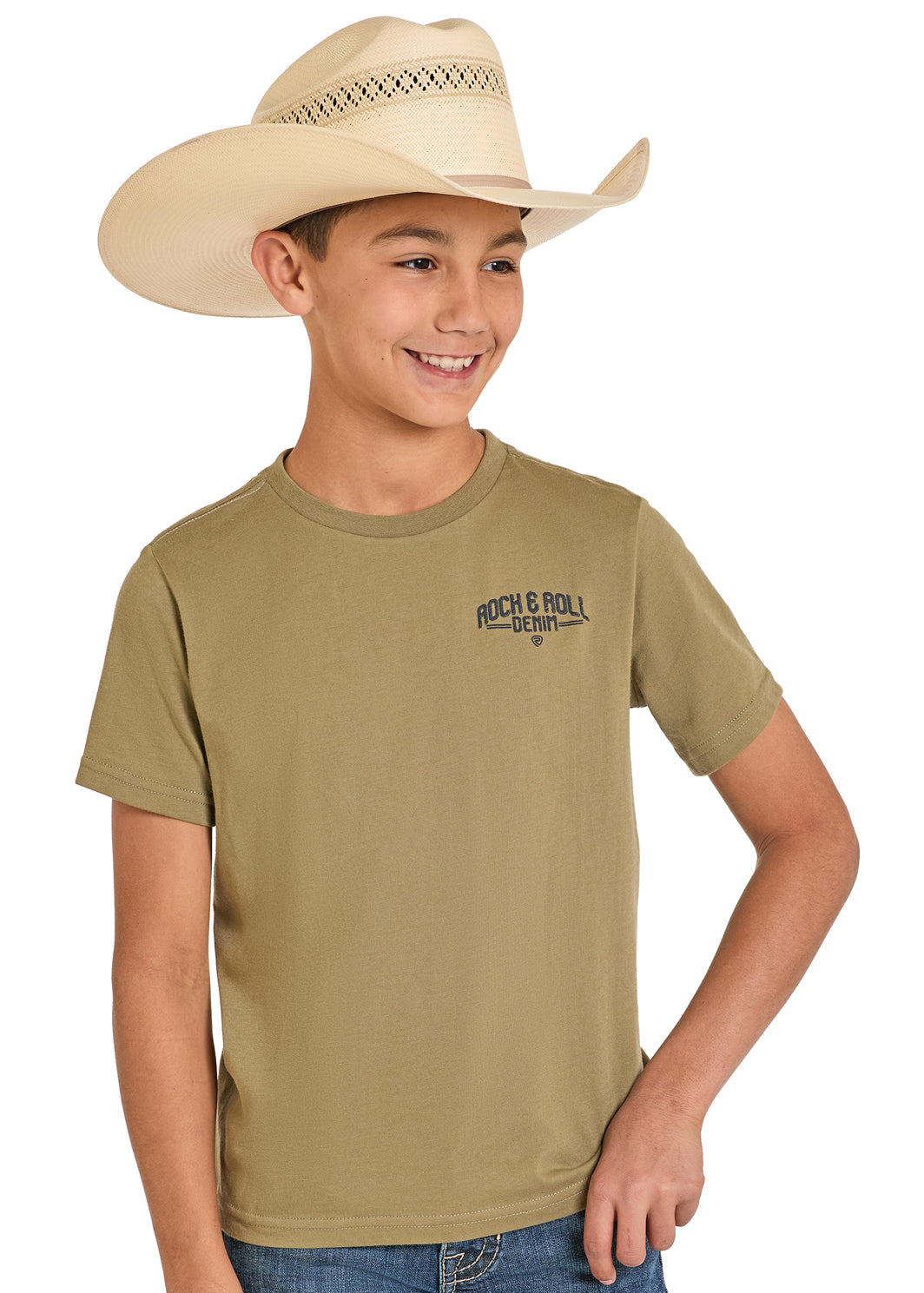 Child wearing a beige cowboy hat and khaki t-shirt with a logo on a white background