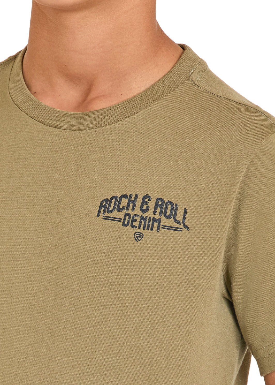 Close-up of a person wearing a green t-shirt with 'Rock & Roll Denim' text.