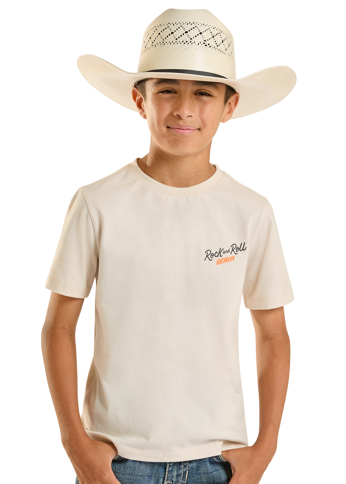 Child wearing a beige t-shirt with 'Rock & Roll' text and a cowboy hat on a white background