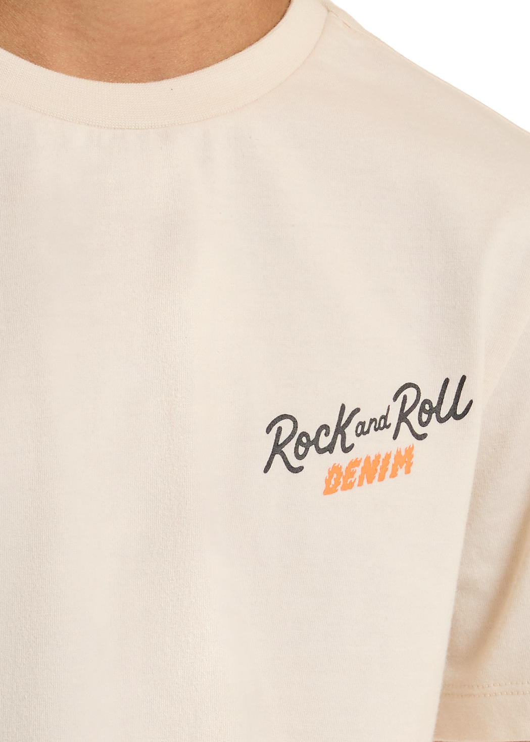 Beige t-shirt with 'Rock and Roll Denim' text on a white background