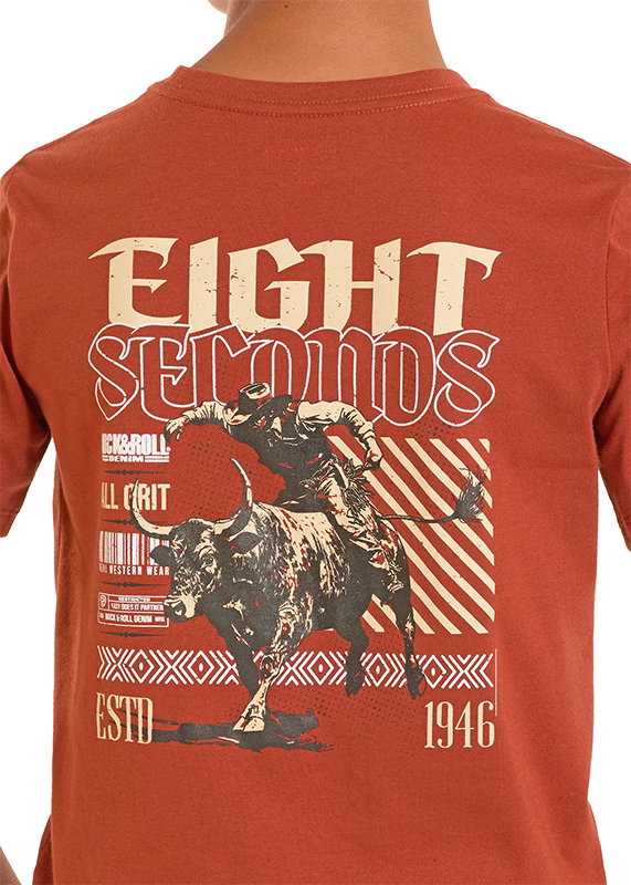 Orange t-shirt with bull riding graphic and 'Eight Seconds' text on a white background