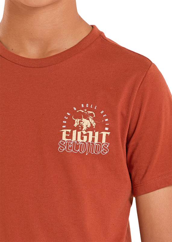 Orange t-shirt with a white graphic design on a white background