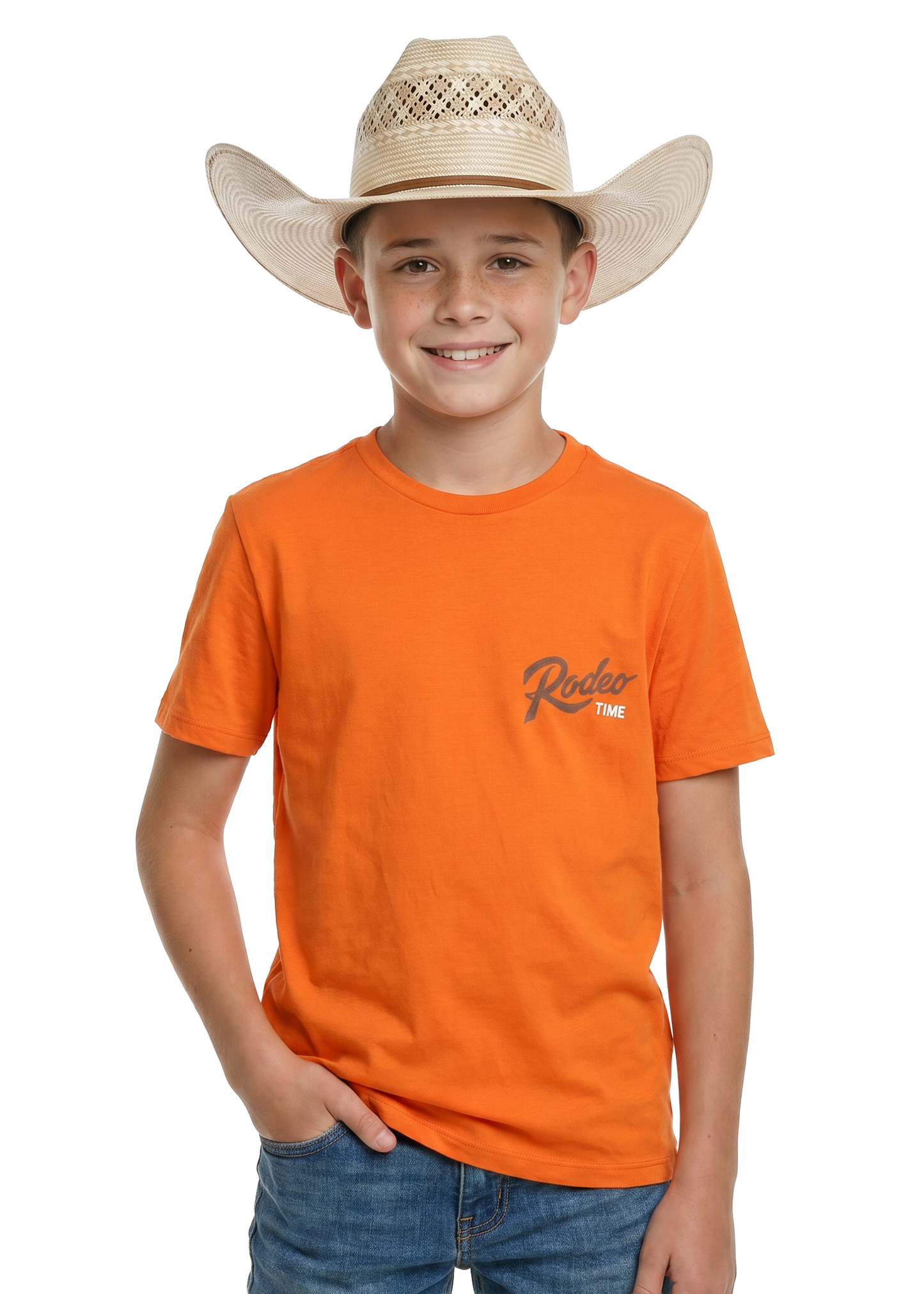 Child wearing an orange t-shirt with a logo and a straw cowboy hat on a white background