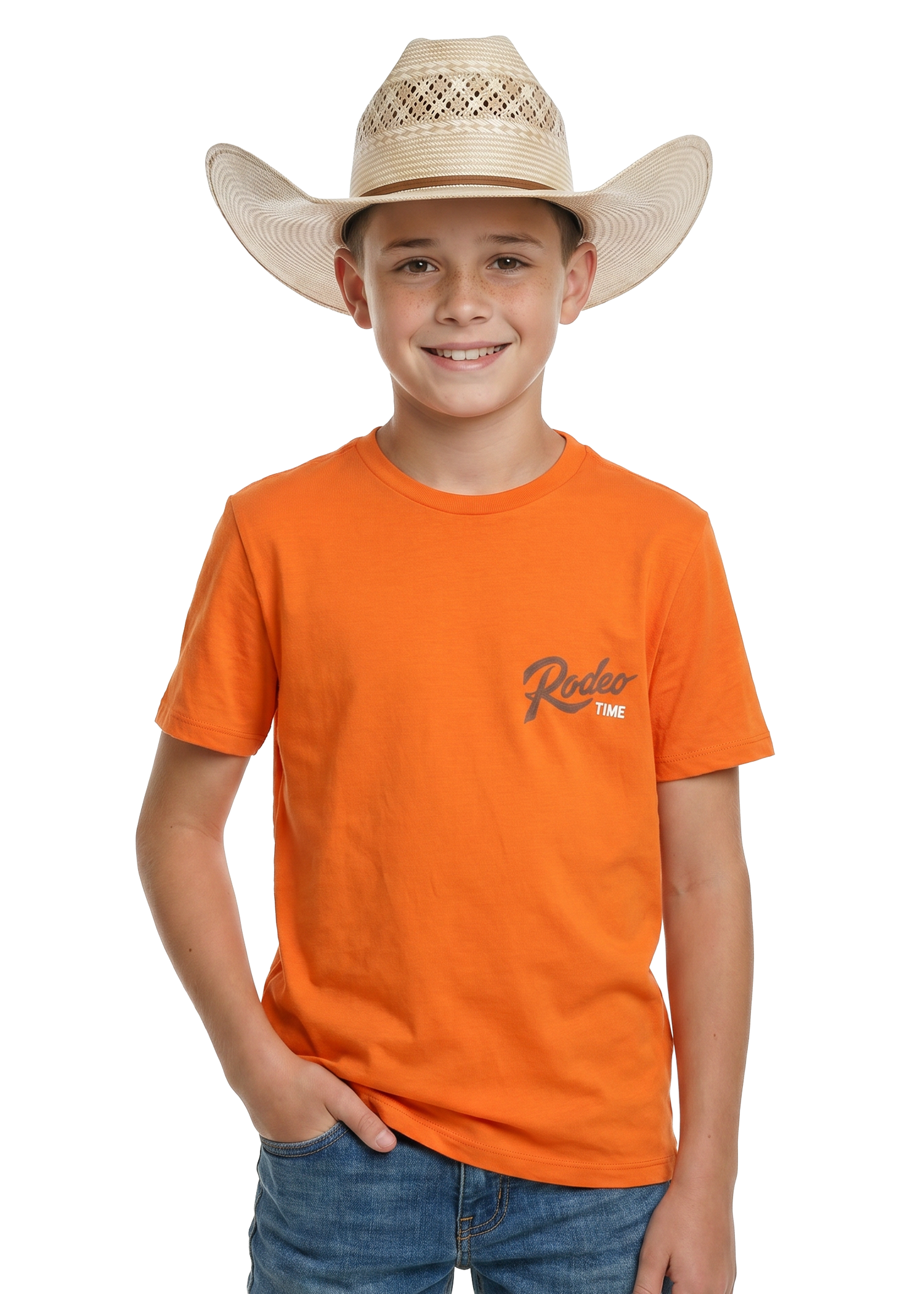 Child wearing an orange t-shirt with a logo and a straw cowboy hat on a white background