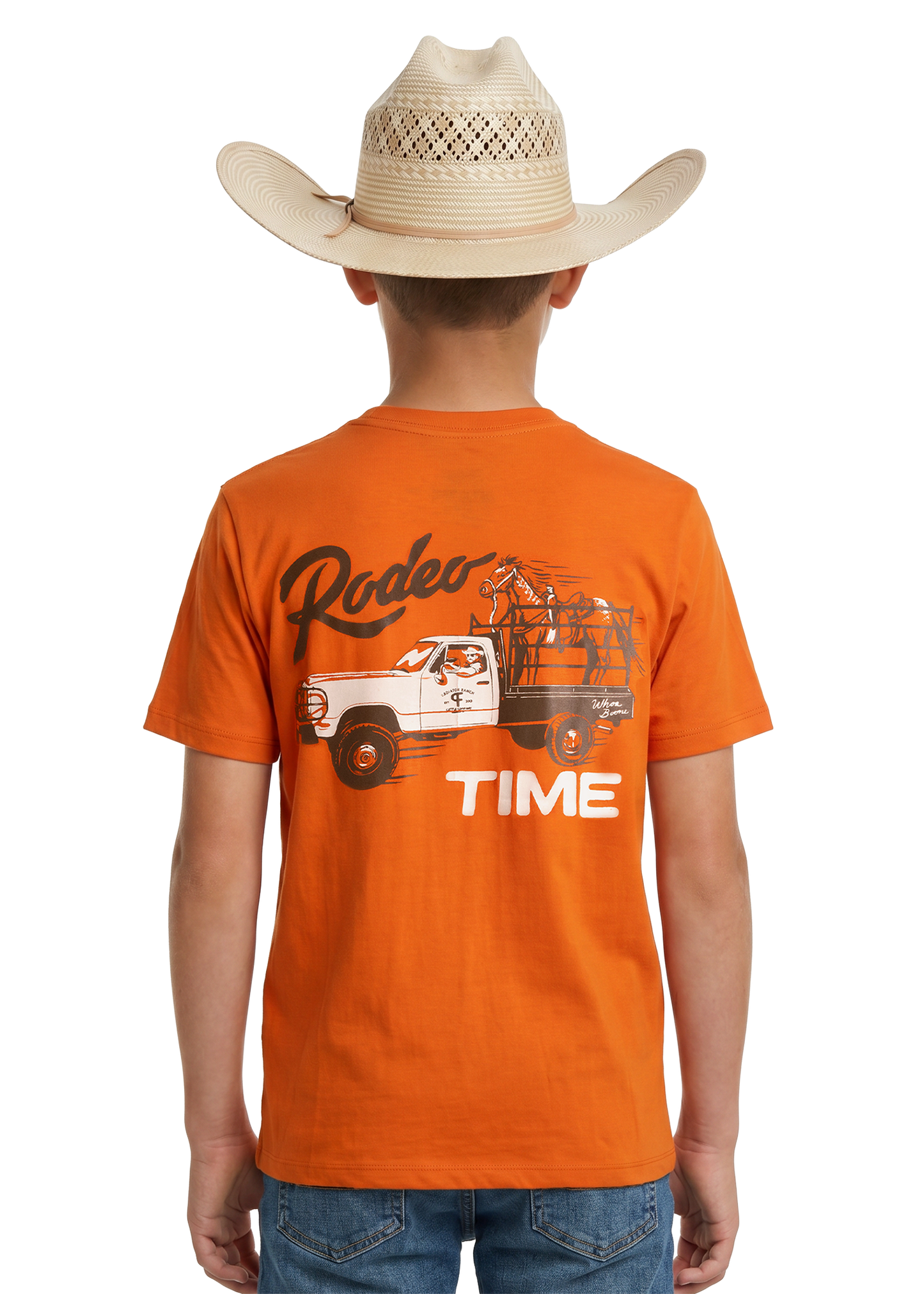 Person wearing an orange t-shirt with a graphic and text, standing against a white background