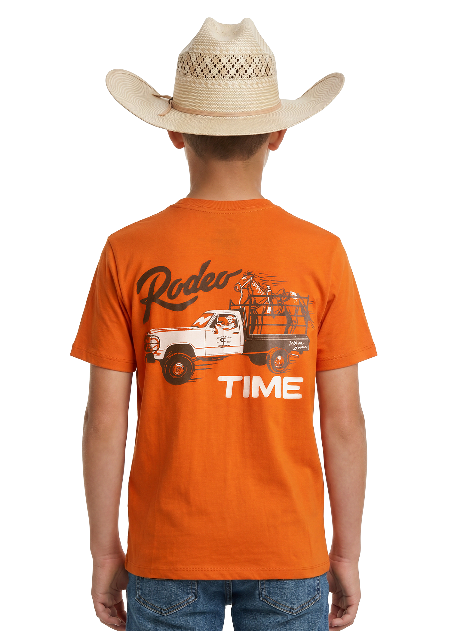 Person wearing an orange t-shirt with a graphic and text, standing against a white background