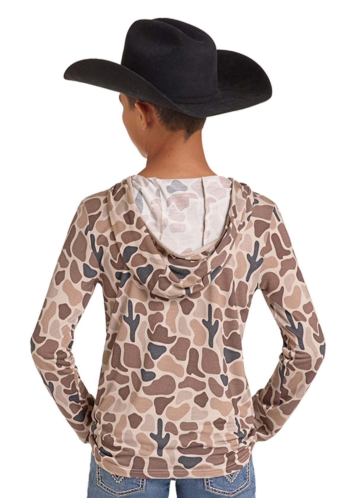 A child shown from the back wearing a black cowboy hat and a long-sleeve hooded top with a tan, brown, and gray cactus-and-stone pattern, paired with blue jeans, against a plain white background.