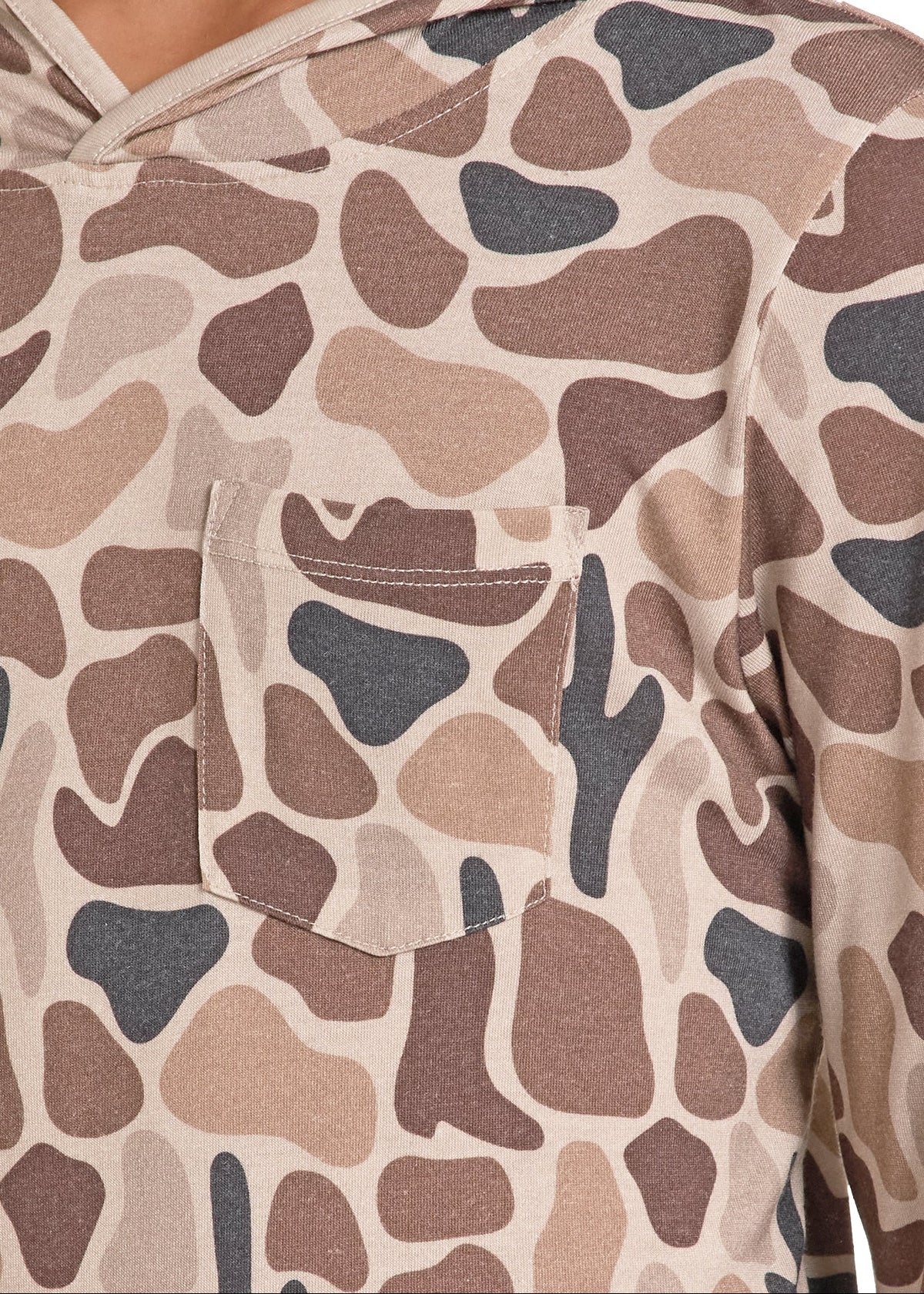 Close-up of a person wearing a hooded long-sleeve top with an abstract organic spot pattern in beige, brown, taupe, and dark gray. A chest pocket is visible on the front.