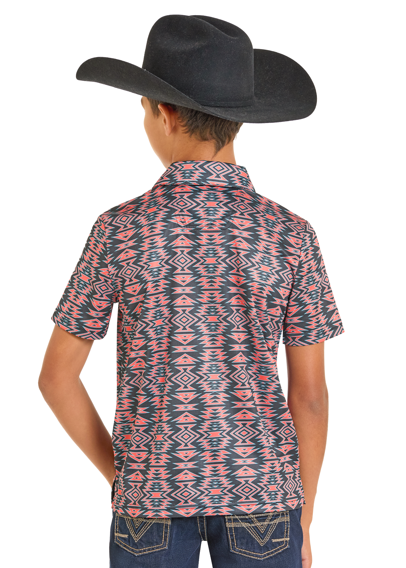 Child wearing a patterned shirt and cowboy hat on a white background